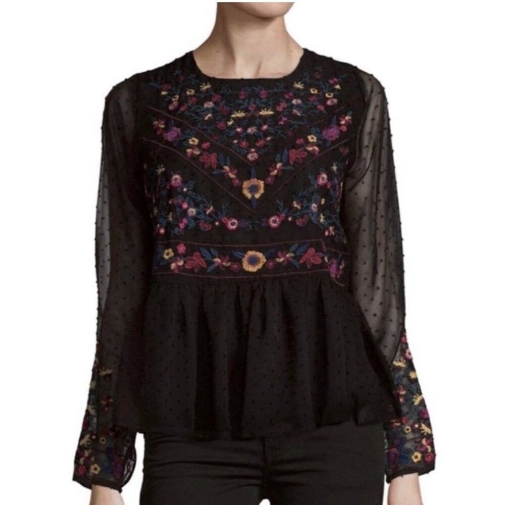 allison new york top Peplum blouse black embroidered floral long sleeve Medium